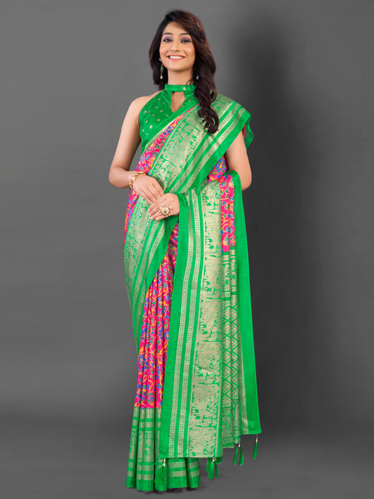Women's Cotton Blend Pink Printed Designer Saree With Blouse Piece