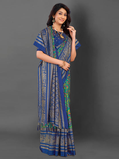 Women's Cotton Blend Teal blue Printed Designer Saree With Blouse Piece