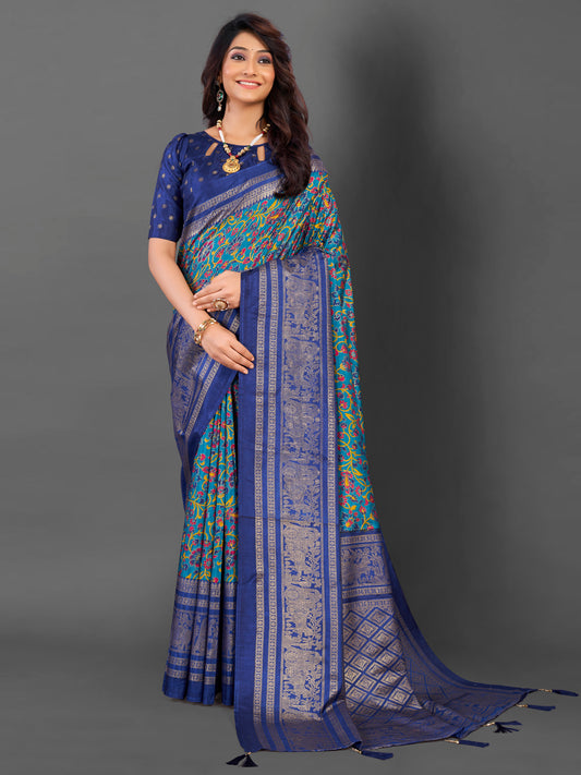 Women's Cotton Blend Teal blue Printed Designer Saree With Blouse Piece