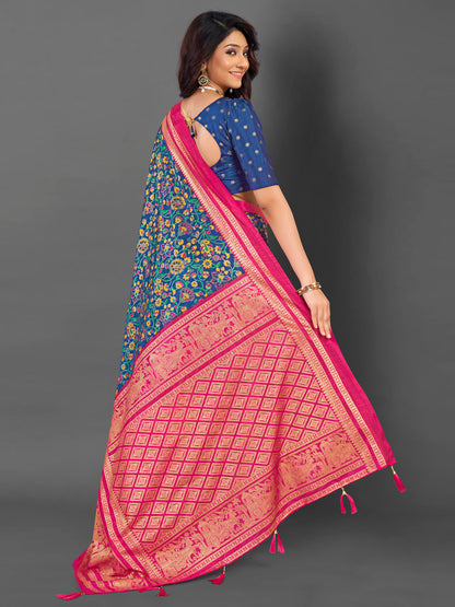 Women's Cotton Blend Navy Blue Printed Designer Saree With Blouse Piece