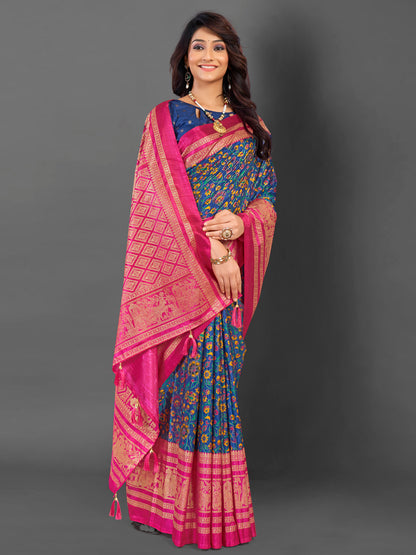 Women's Cotton Blend Navy Blue Printed Designer Saree With Blouse Piece