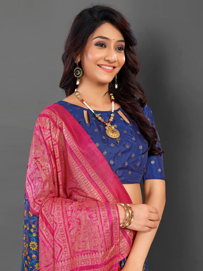 Women's Cotton Blend Navy Blue Printed Designer Saree With Blouse Piece