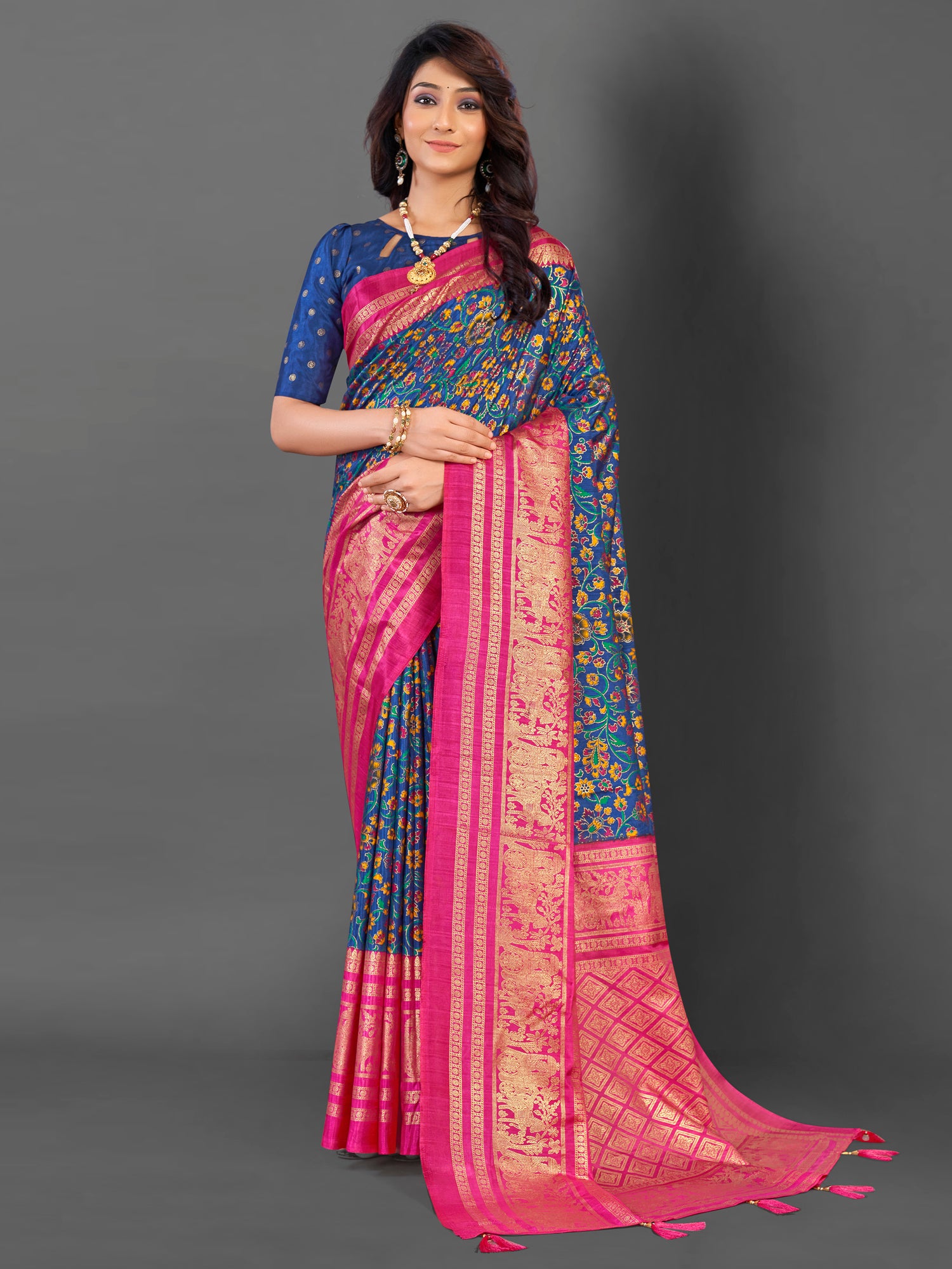 Women's Cotton Blend Navy Blue Printed Designer Saree With Blouse Piece