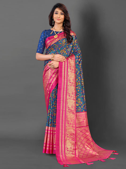 Women's Cotton Blend Navy Blue Printed Designer Saree With Blouse Piece