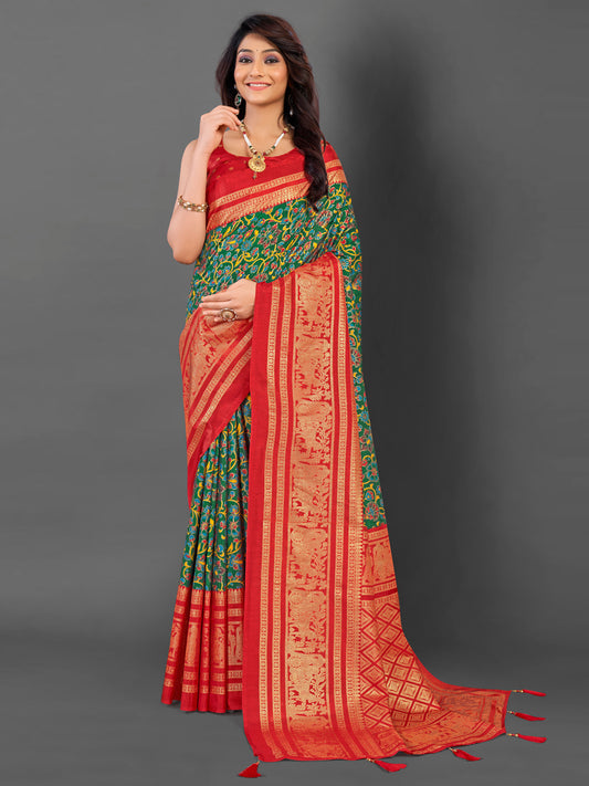 Women's Cotton Blend Green Printed Designer Saree With Blouse Piece