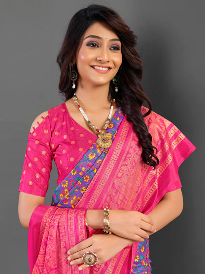 Women's Cotton Blend Lavendar Printed Designer Saree With Blouse Piece
