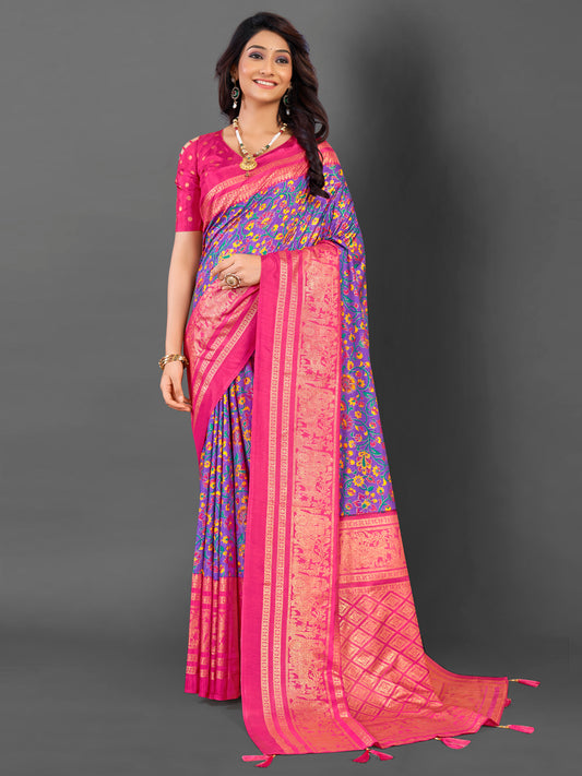 Women's Cotton Blend Lavendar Printed Designer Saree With Blouse Piece