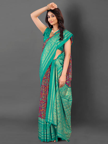 Women's Cotton Blend Magenta Printed Designer Saree With Blouse Piece