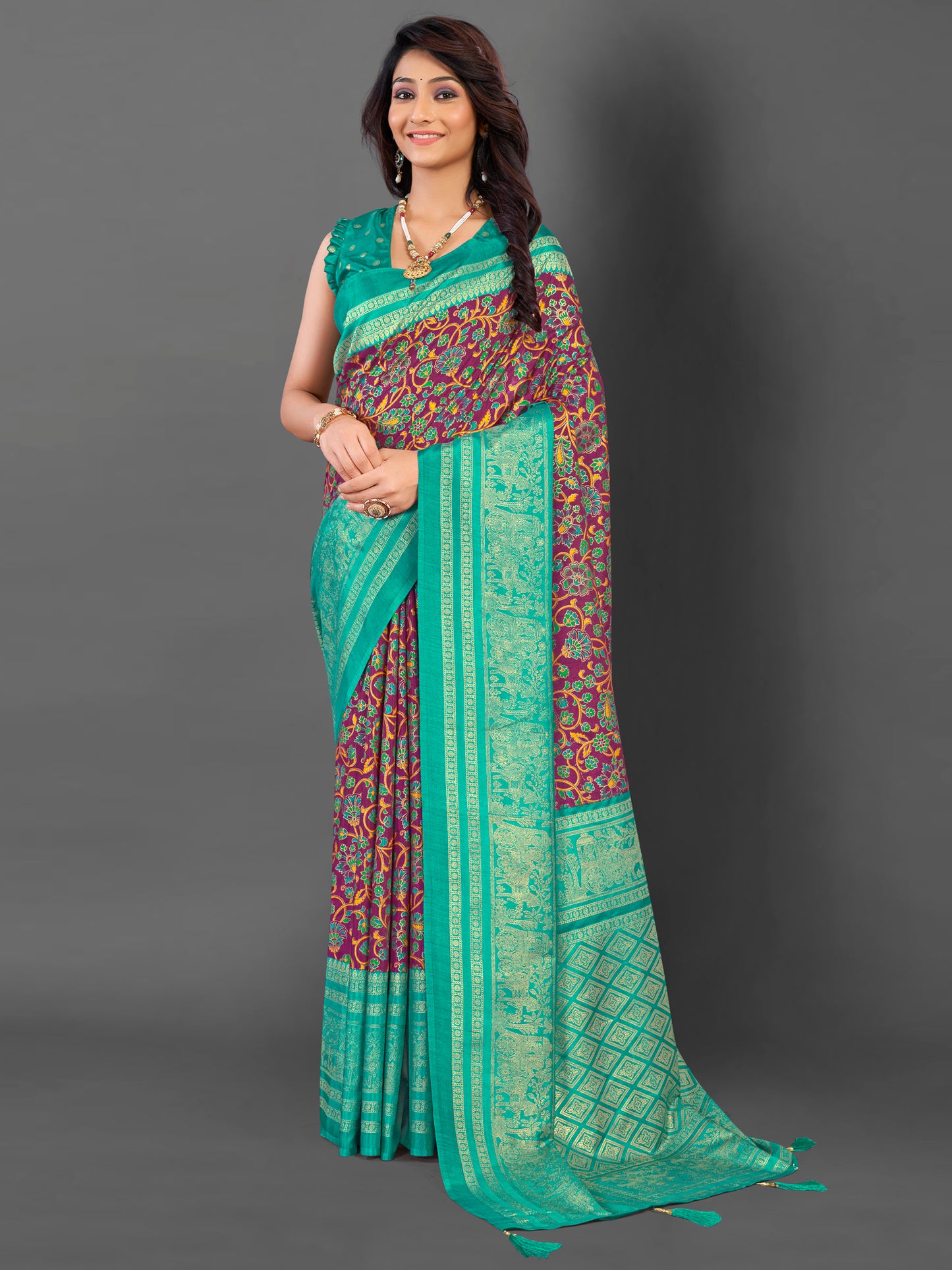 Women's Cotton Blend Magenta Printed Designer Saree With Blouse Piece