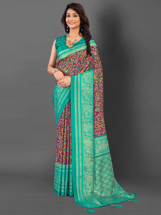 Women's Cotton Blend Magenta Printed Designer Saree With Blouse Piece