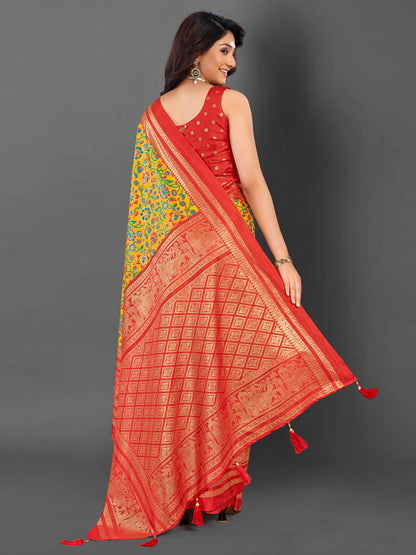 Women's Cotton Blend Yellow Printed Designer Saree With Blouse Piece