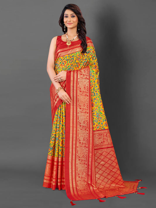 Women's Cotton Blend Yellow Printed Designer Saree With Blouse Piece