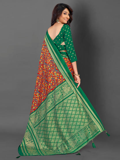 Women's Cotton Blend Red Printed Designer Saree With Blouse Piece