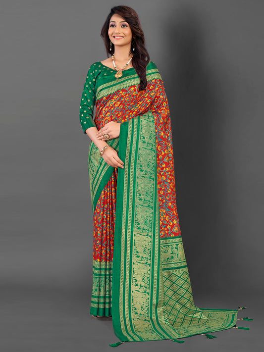Women's Cotton Blend Red Printed Designer Saree With Blouse Piece