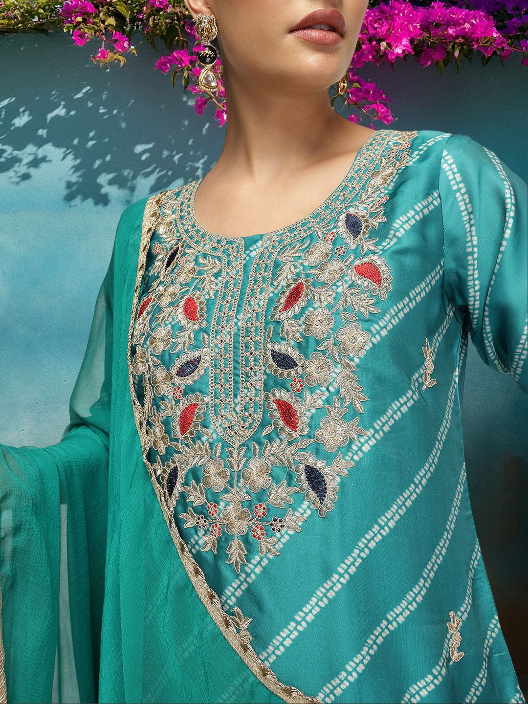 Dhiyona IS Women's Women Leheriya Embroidered Kurta with Trousers & Dupatta