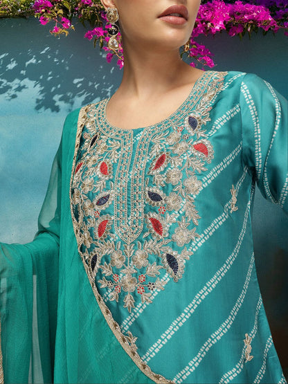 Dhiyona IS Women's Women Leheriya Embroidered Kurta with Trousers & Dupatta