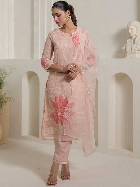 Floral Embroidered Thread Work Organza Straight Kurta With Trousers & Dupatta