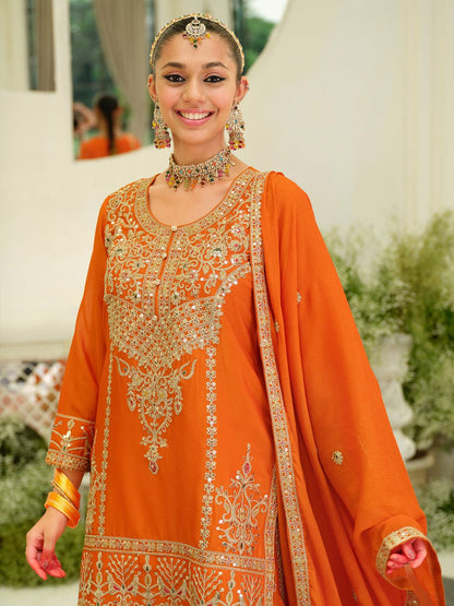 Women Ethnic Motif Embroidered Sequinned Kurta with Skirt & Dupatta