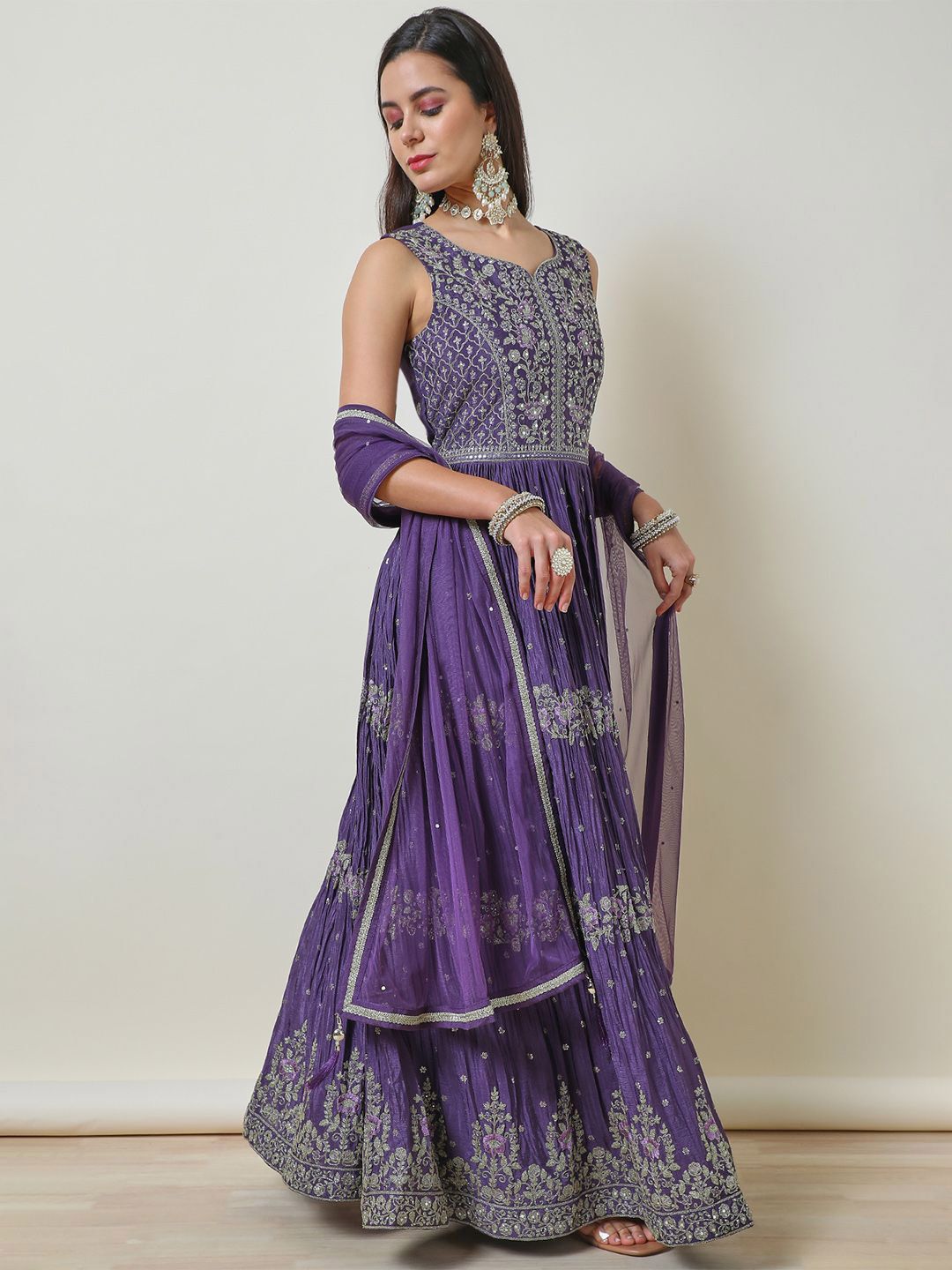 Dhiyona SO Women's Women Floral Embroidered Pleated Mirror Work Kurta with Churidar & With Dupatta