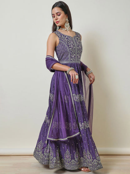 Dhiyona SO Women's Women Floral Embroidered Pleated Mirror Work Kurta with Churidar & With Dupatta