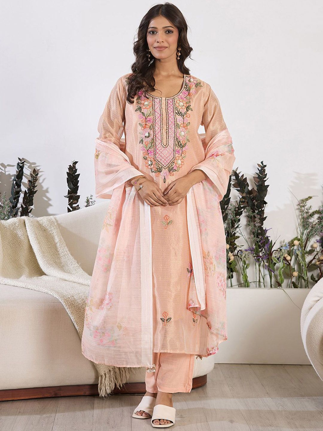 Floral Embroidered Thread Work Pure Cotton Kurta with Trouser & Dupatta