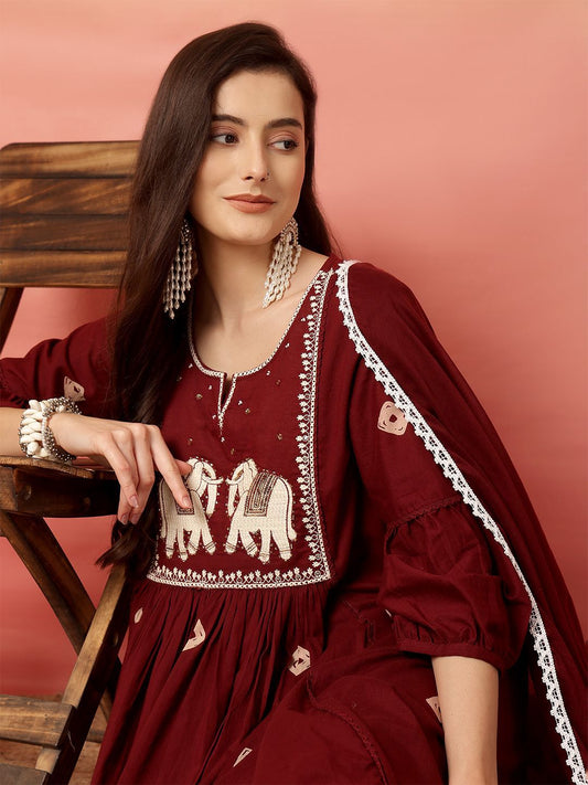 Dhiyona SN Women's Embroidered 100% Cotton Anarkali Kurta & Trouser With Dupatta