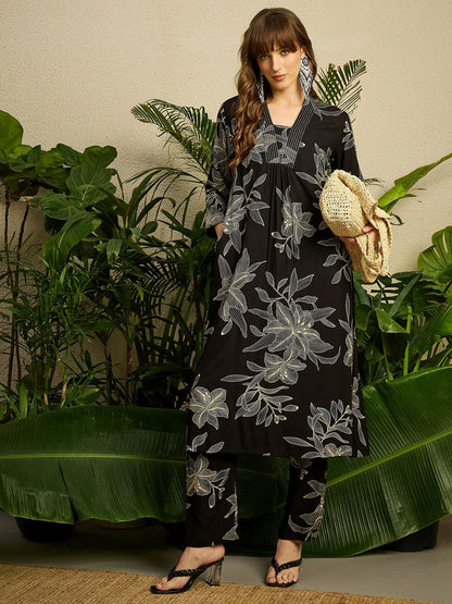 Women Black Viscose Rayon Floral Printed Regular Kurta with Trousers Set