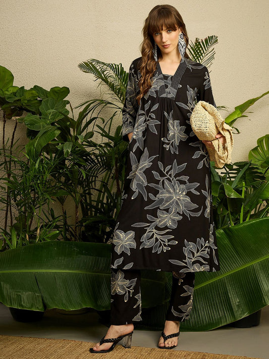 Women Black Viscose Rayon Floral Printed Regular Kurta with Trousers Set