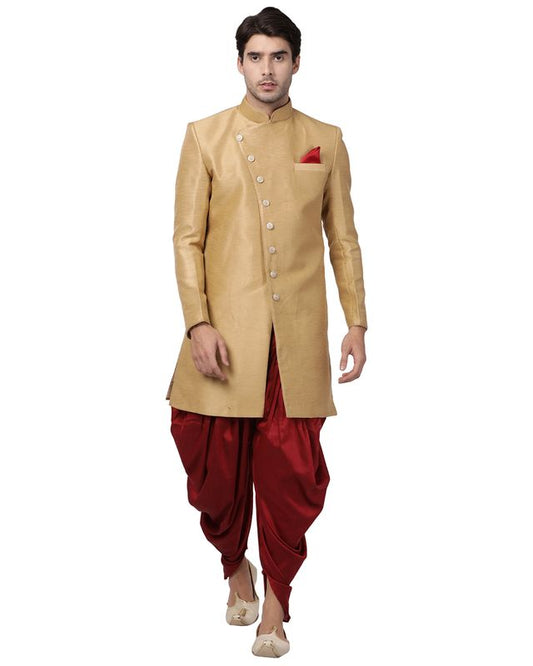 Men's Beige Silk Blend Straight Sherwani Set