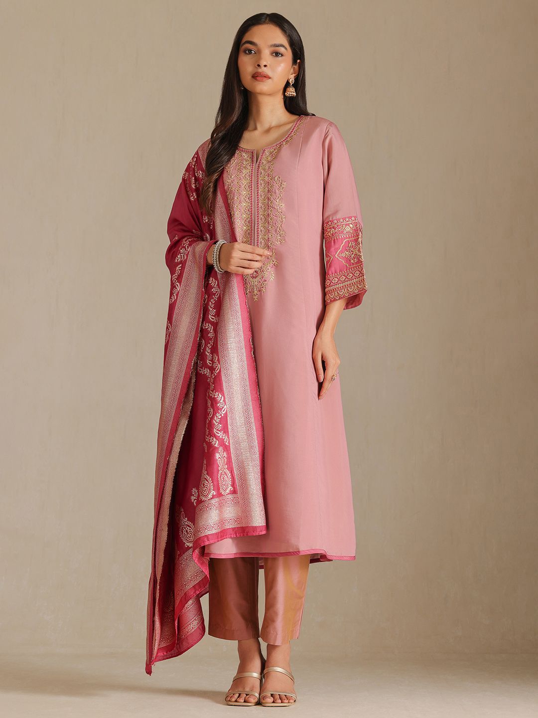 Dhiyona SO Women's Floral Yoke Design Notch Neck Muslin Zari Straight Kurta With Trousers & Dupatta