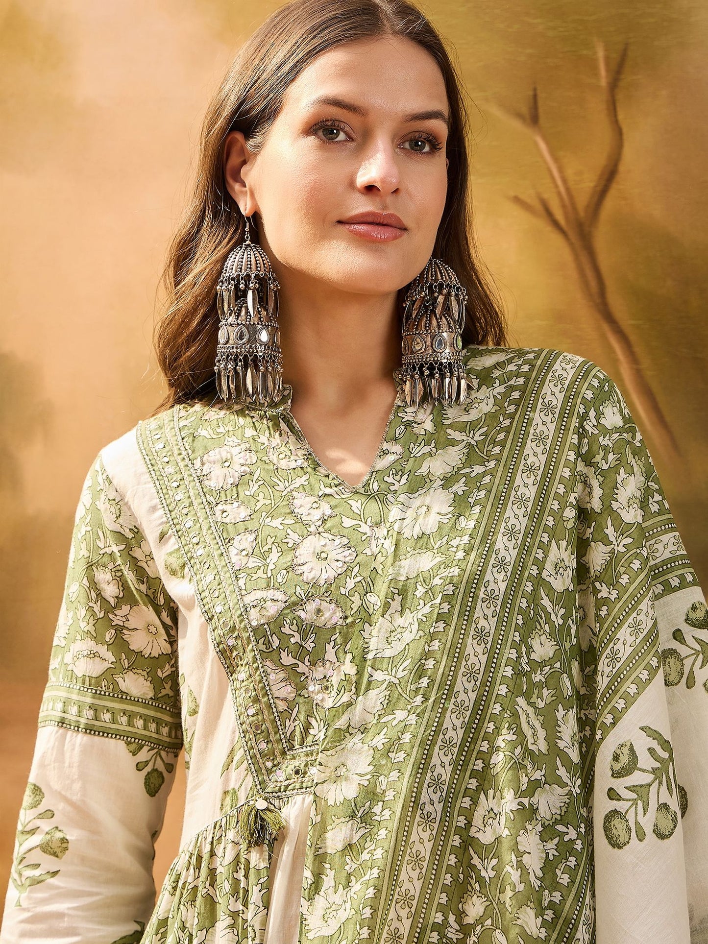 Dhiyona SN Women's Women's Pista Green Block Printed Cotton Anarkali Kurta Pant Dupatta Set