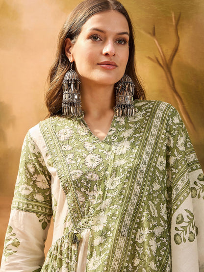Dhiyona SN Women's Women's Pista Green Block Printed Cotton Anarkali Kurta Pant Dupatta Set