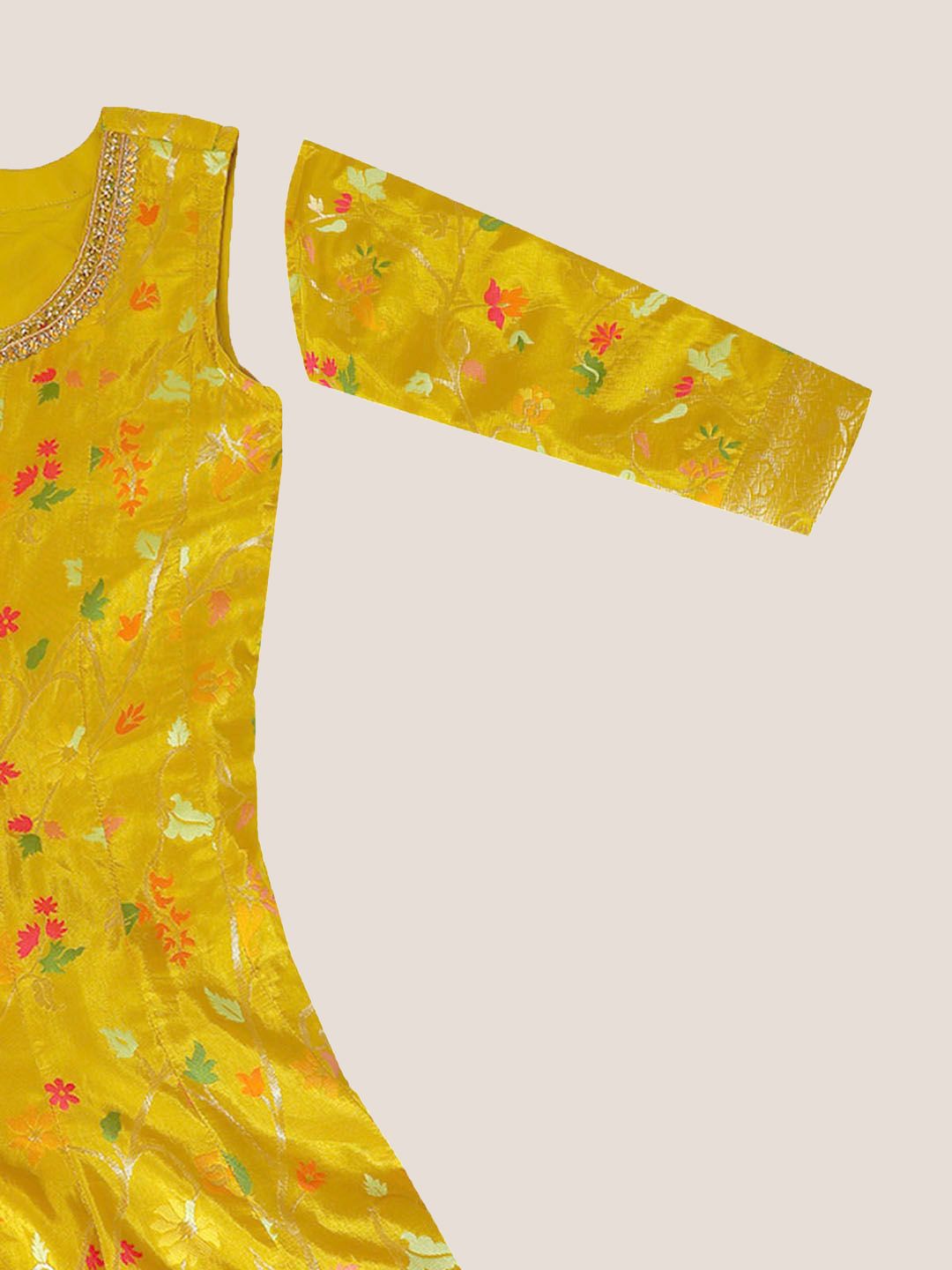 Dhiyona SO Women's Floral Woven Design Round Neck Panelled Beads Work Organza Kurta & Trouser & Dupatta