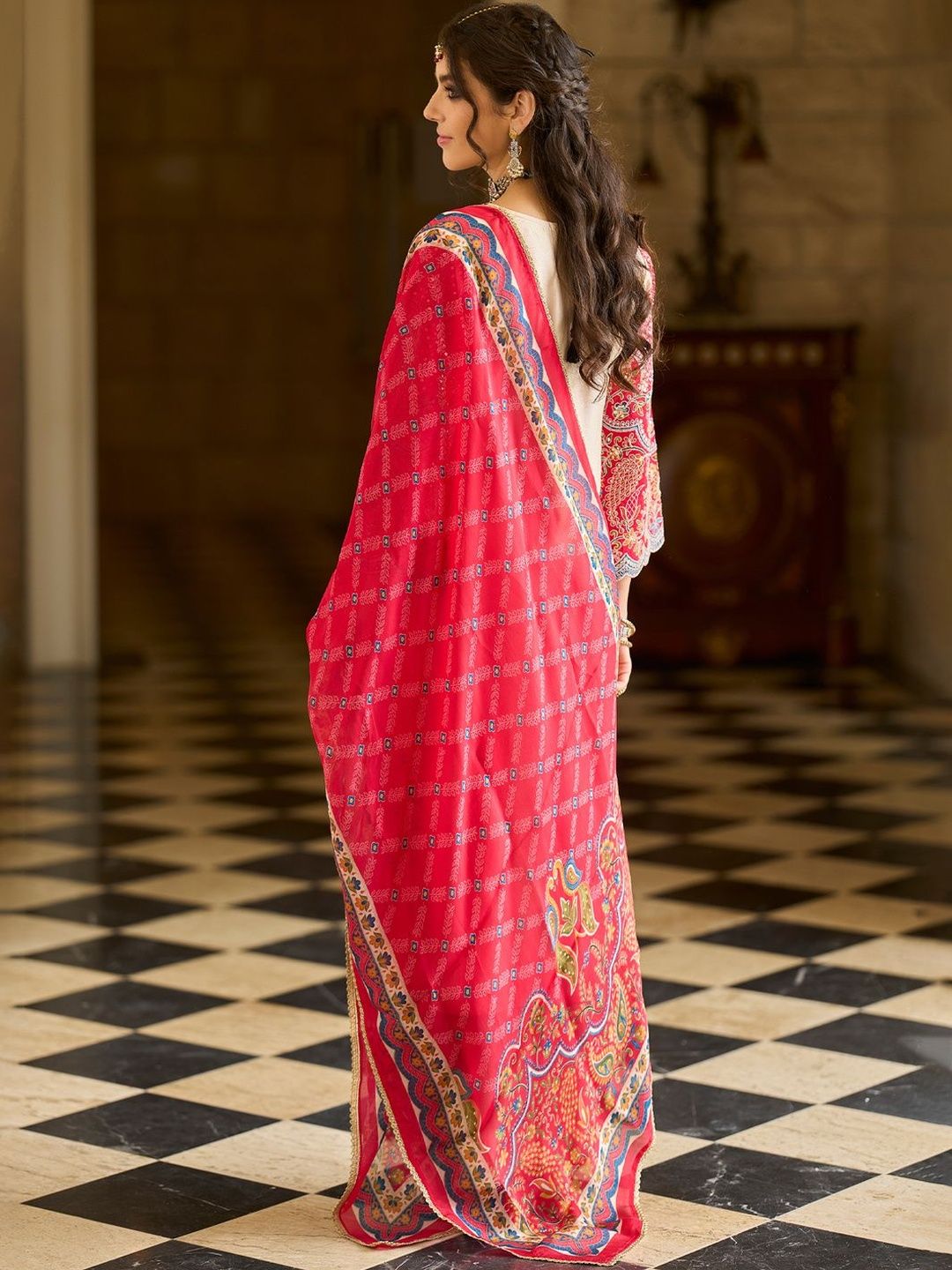 Ethnic Motifs Printed V-Neck Thread Work Kurta With Trousers & Dupatta