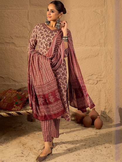 Women Floral Printed Cotton Kurta with Trousers & Dupatta