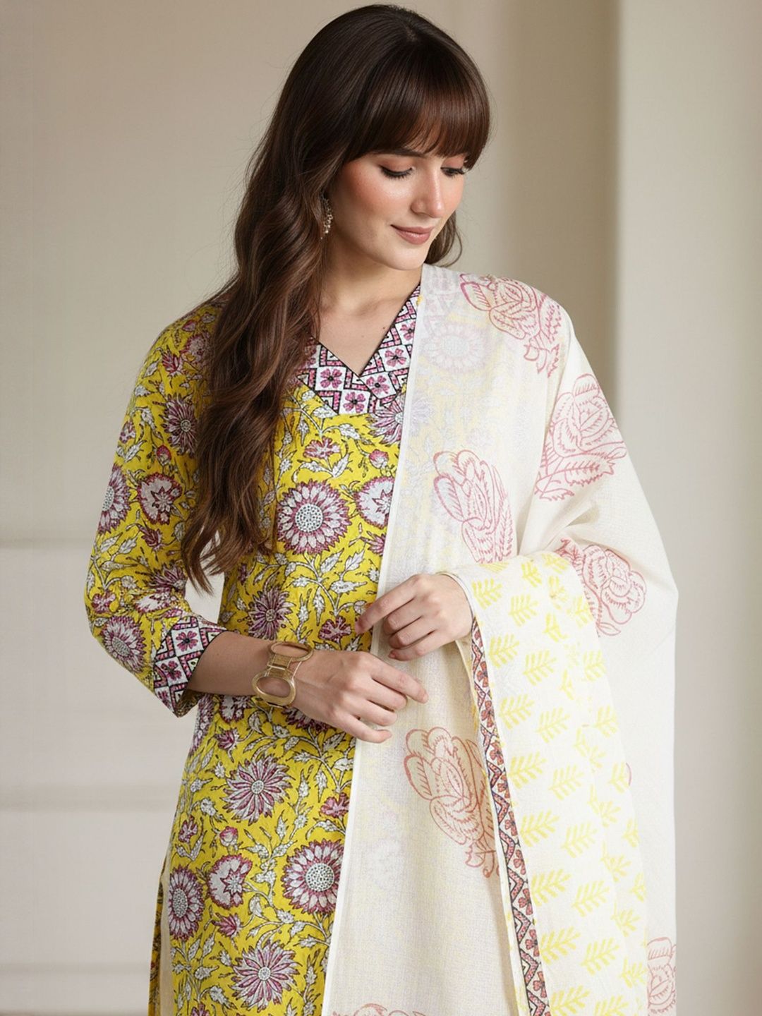 Floral Printed Pure Cotton Straight Kurta With Trousers & Dupatta