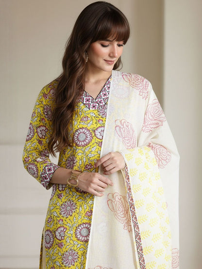 Floral Printed Pure Cotton Straight Kurta With Trousers & Dupatta