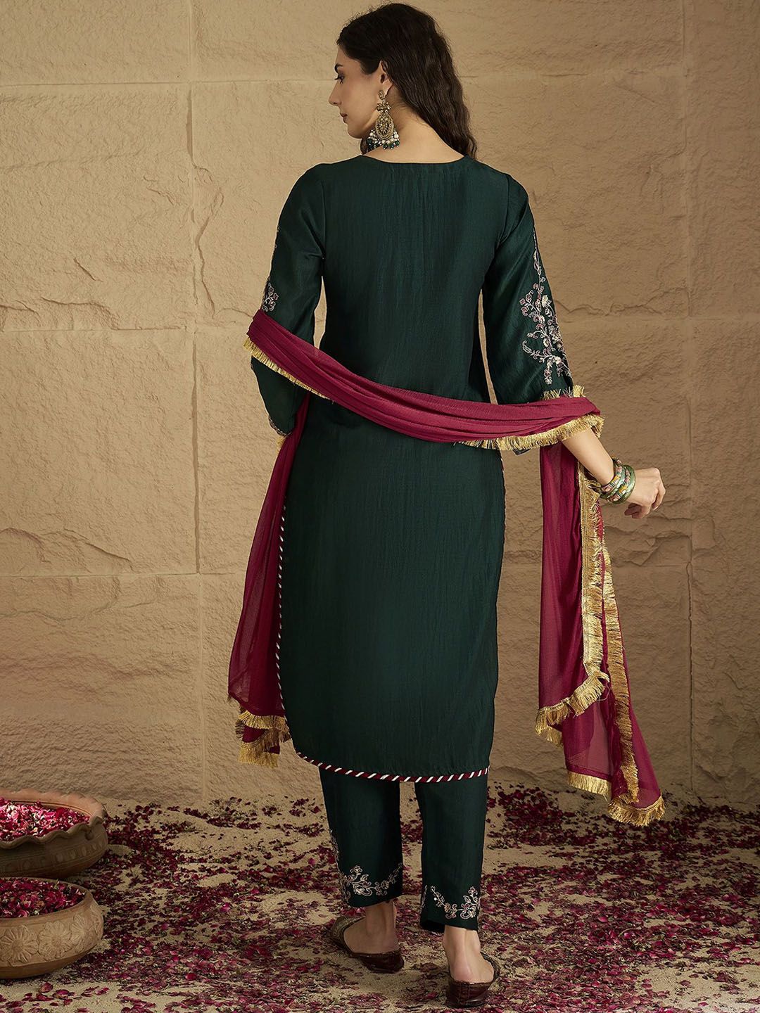 Dhiyona VA Women'sFloral Yoke Design Straight Kurta With Trousers & Dupatta