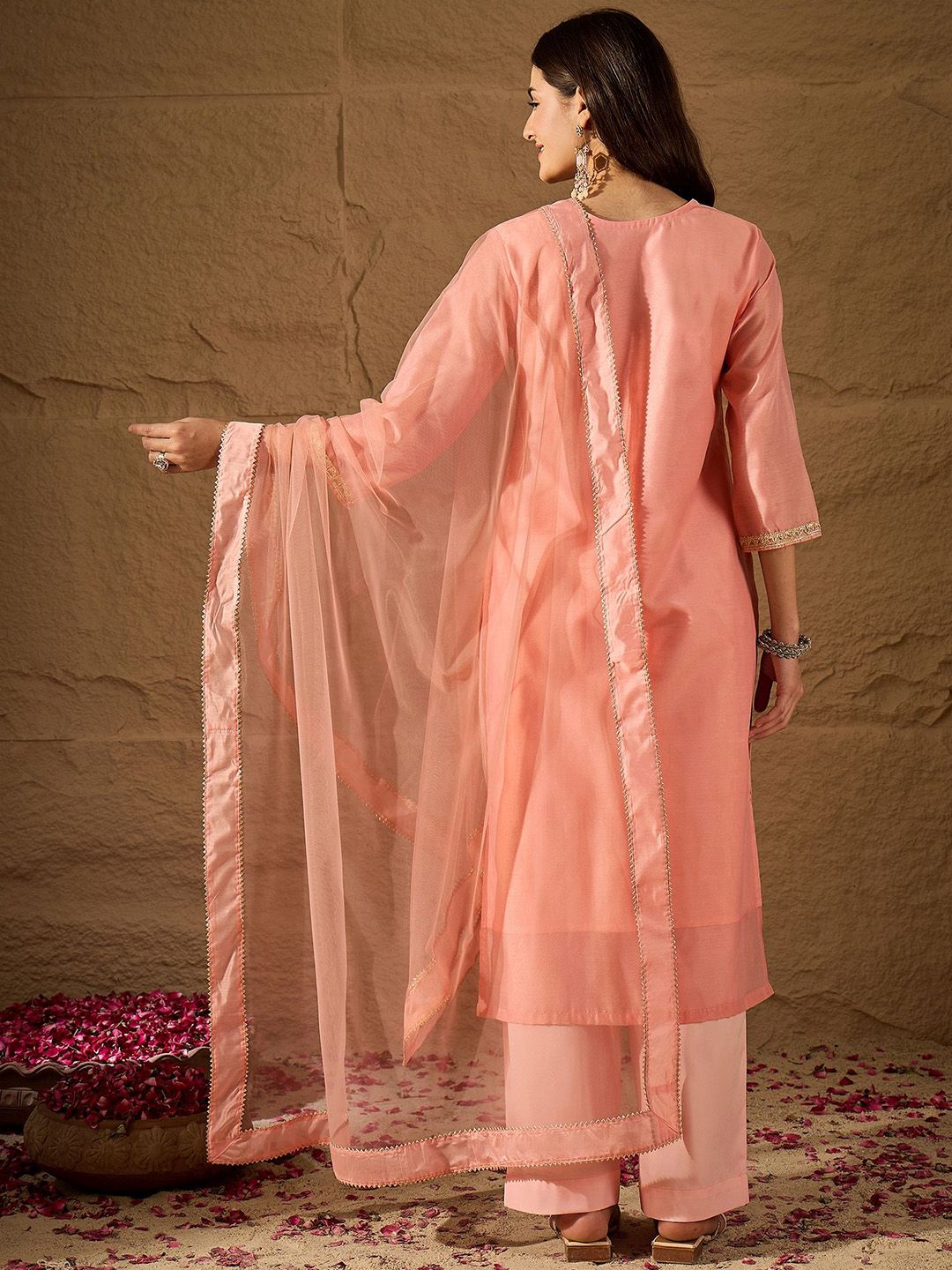 Dhiyona PD Women Printed & Embroidered Round Neck Kurta Trouser Dupatta Set
