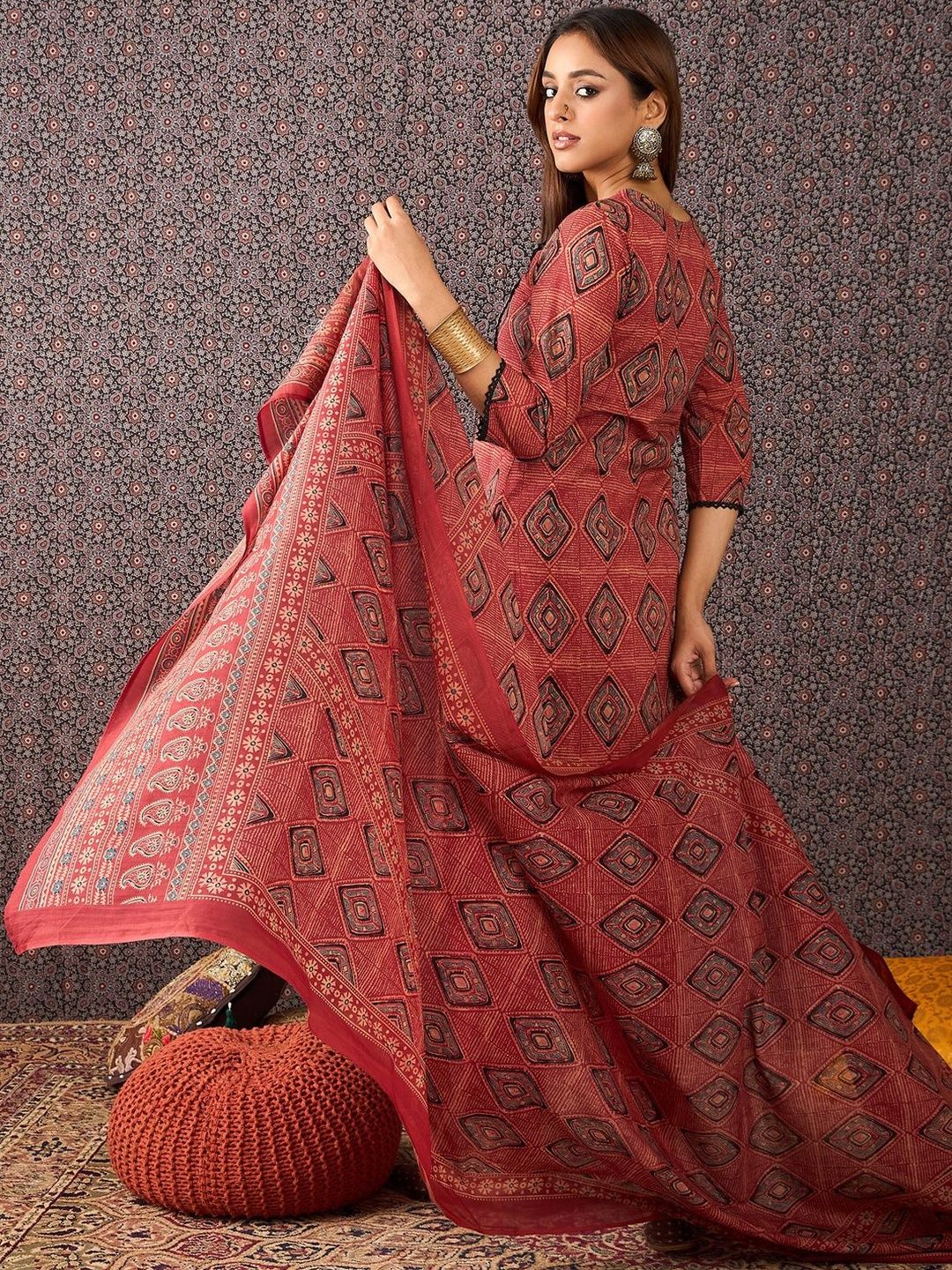 Women Printed Mirror Work Pure Cotton Kurta with Trousers & With Dupatta