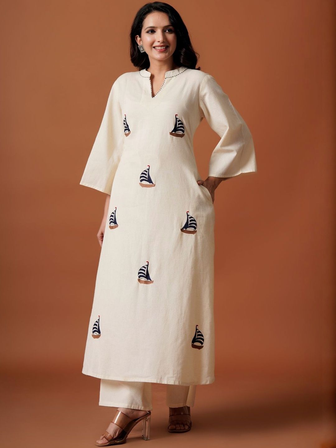 Women Embroidered A-Line Thread Work Pure Cotton Kurta with Palazzos