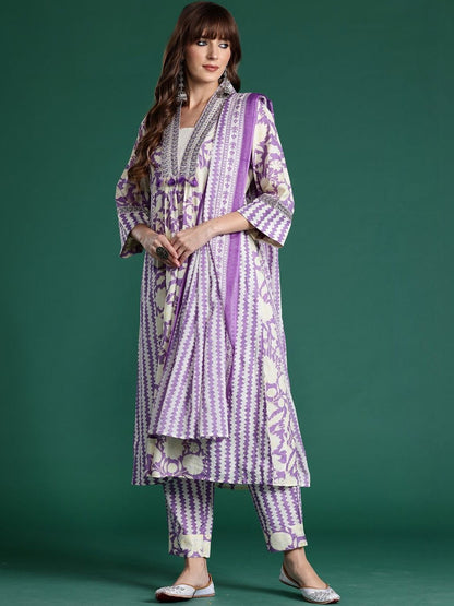 Women Floral Printed Empire Thread Work Pure Cotton Kurta with Trousers & With Dupatta