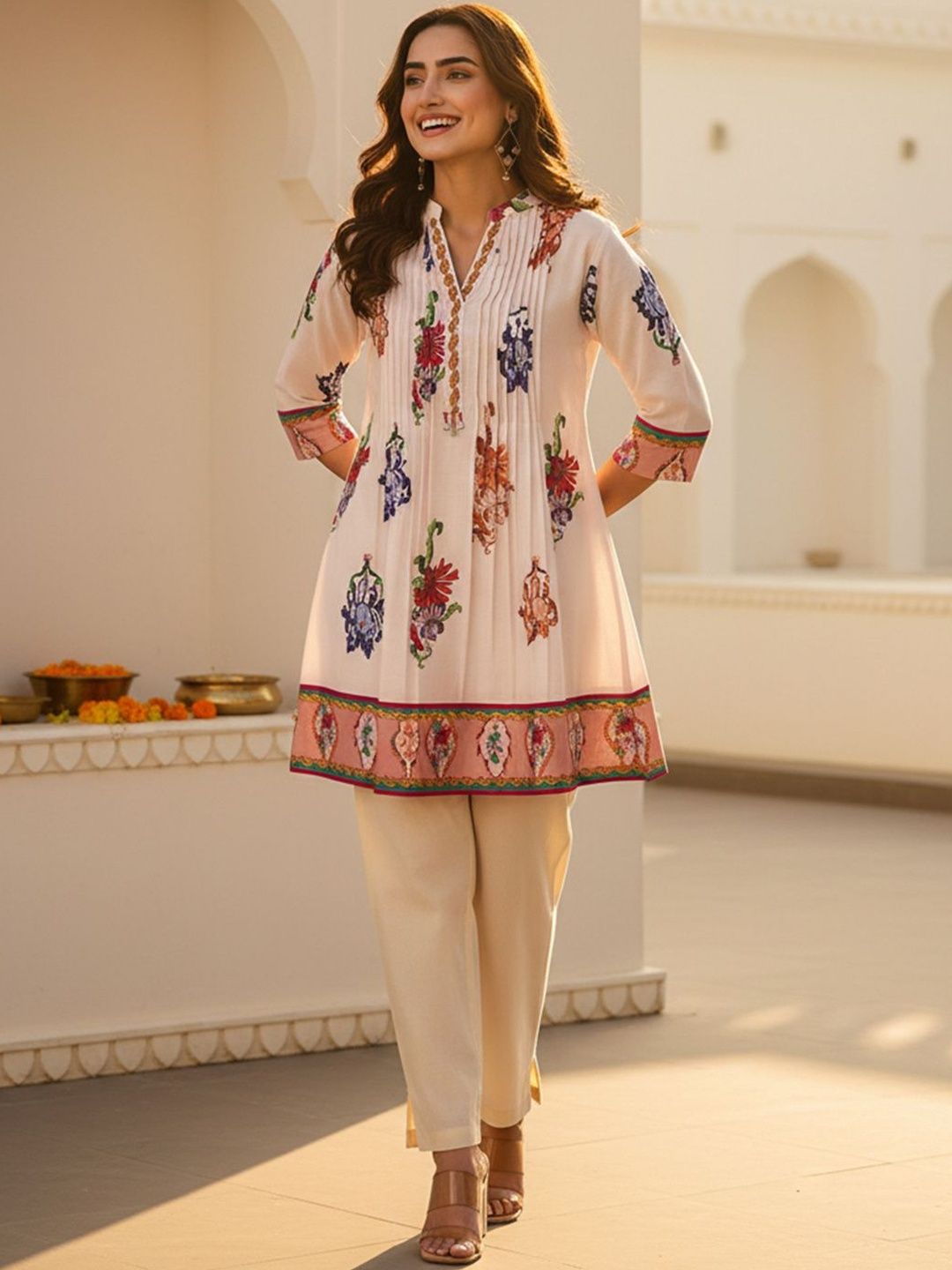 Floral Printed Pleated Pure Cotton Mandarin Collar Kurta With Trouser