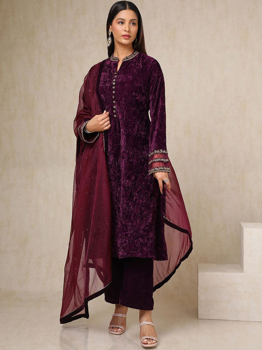 Dhiyona SO Women's Women Regular Beads and Stones Velvet Kurta with Palazzos & With Dupatta