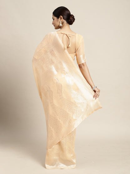 Women's Cotton Blend Peach Woven Design Designer Saree With Blouse Piece