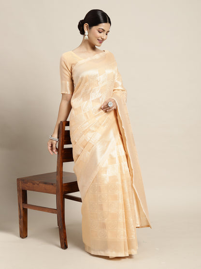 Women's Cotton Blend Peach Woven Design Designer Saree With Blouse Piece