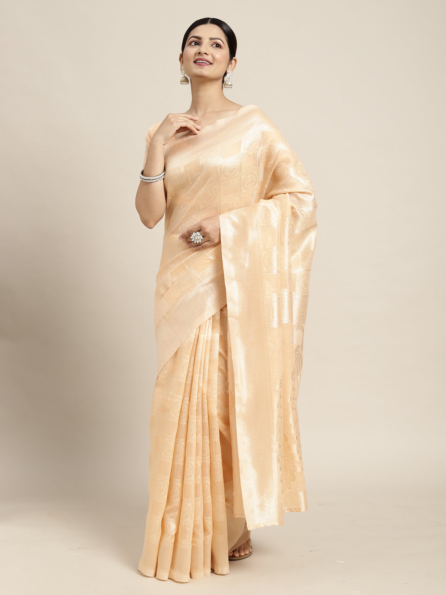 Women's Cotton Blend Peach Woven Design Designer Saree With Blouse Piece