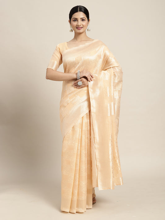 Women's Cotton Blend Peach Woven Design Designer Saree With Blouse Piece