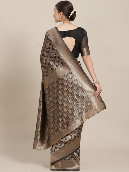 Women's Cotton Blend Black Woven Design Designer Saree With Blouse Piece