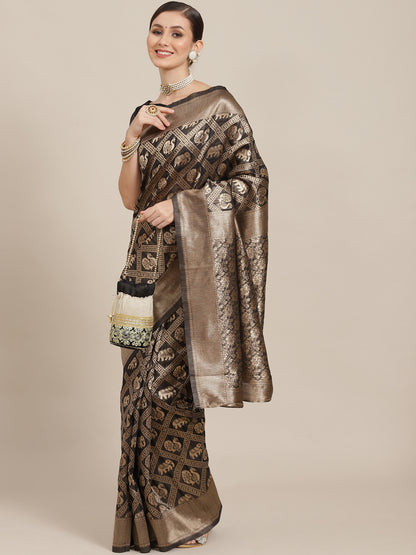 Women's Cotton Blend Black Woven Design Designer Saree With Blouse Piece